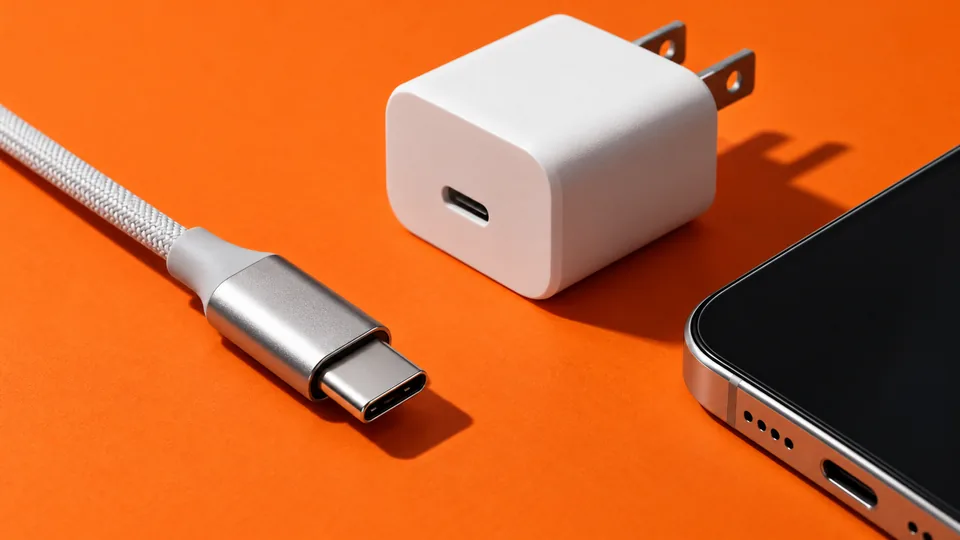 Кабель USB-C, зарядное устройство и смартфон на оранжевом фоне