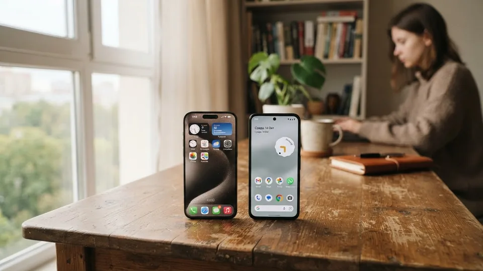 iPhone и Android-смартфон рядом на столе