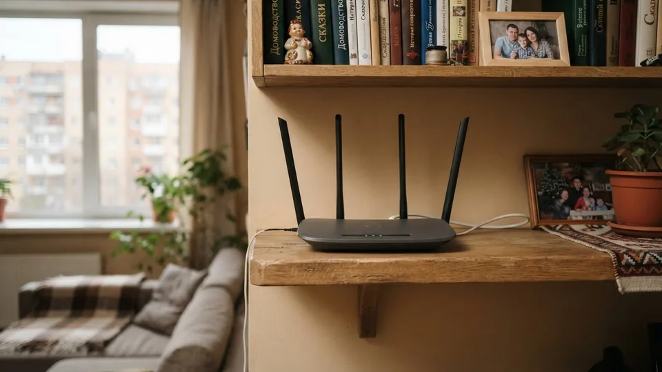 Wi-Fi роутер с антеннами на полке в квартире