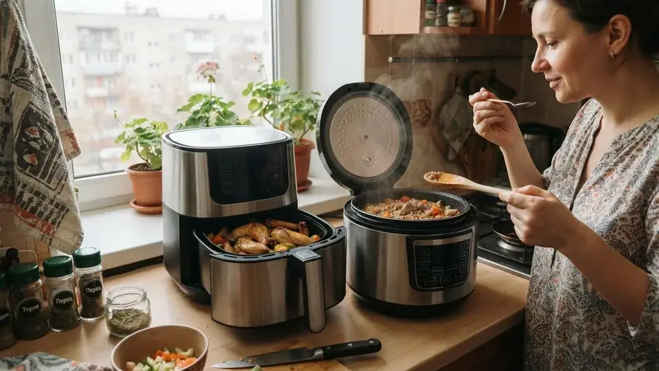 Аэрогриль и мультиварка рядом на кухонной столешнице